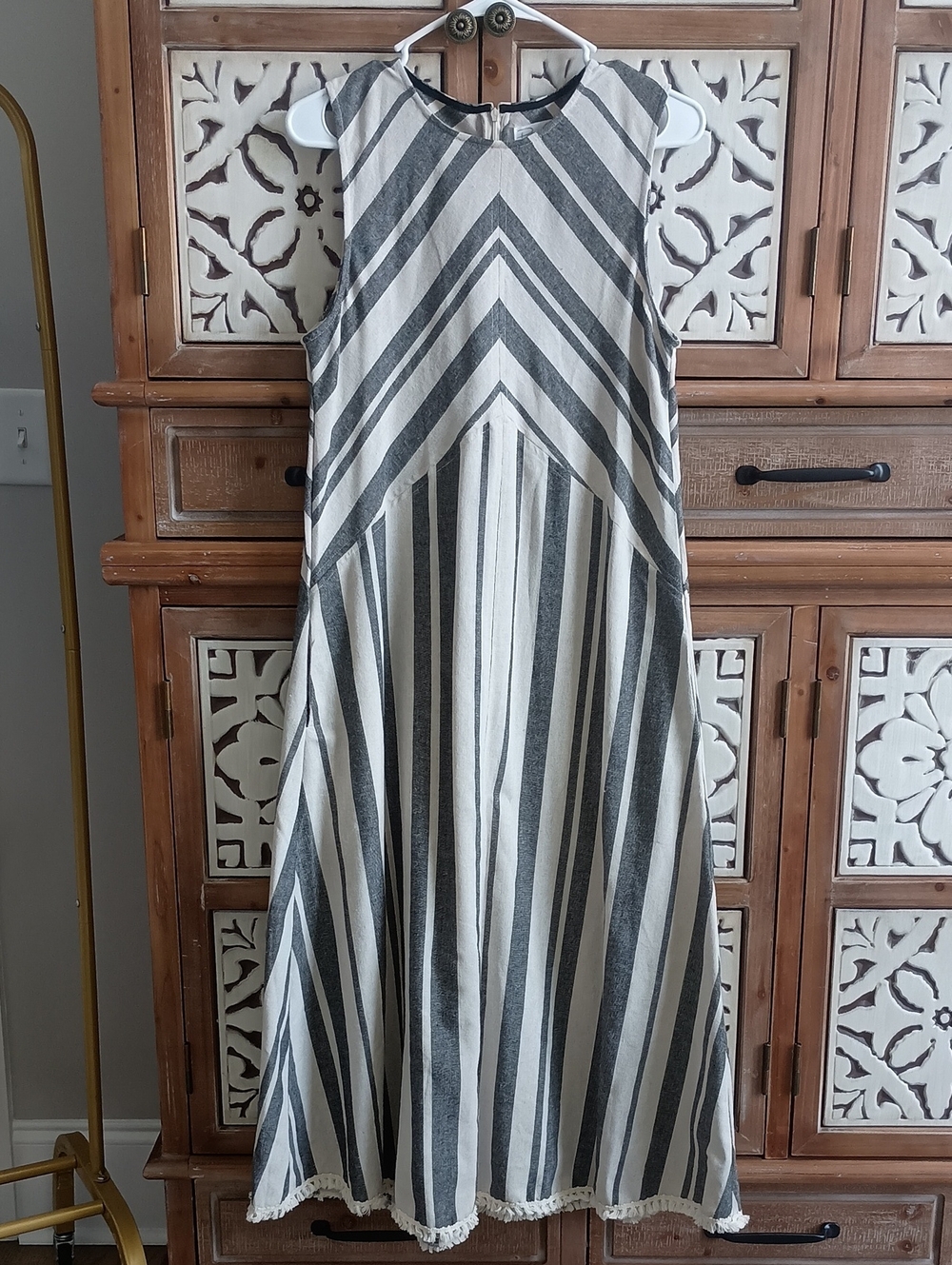 Sleeveless Grey And Cream Striped Midi Dress